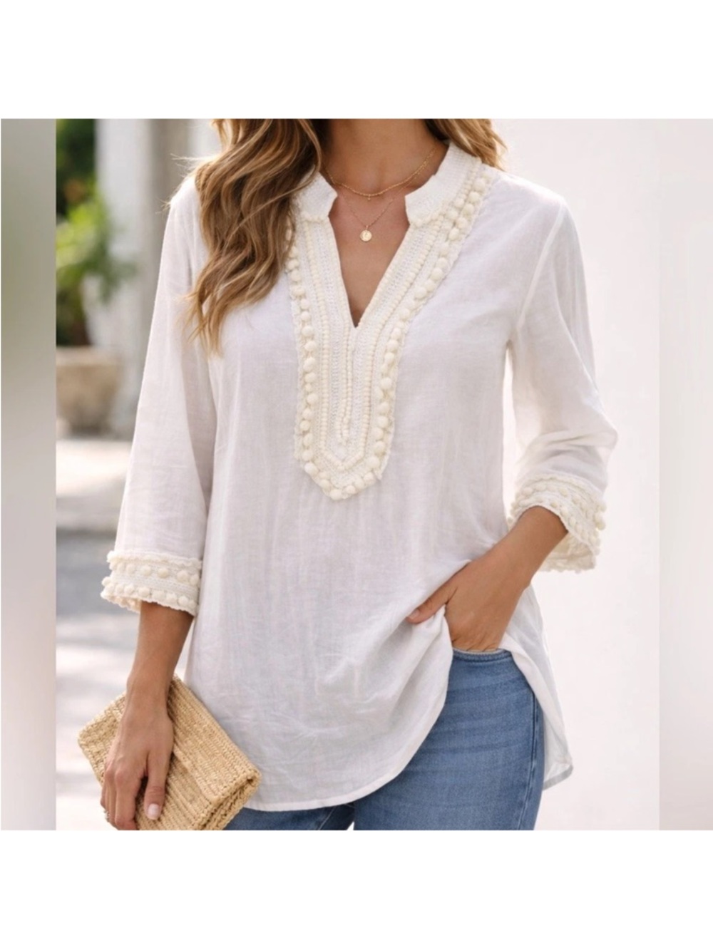 Chico’s White Linen Blend Embellished Kurta Tunic Top Pom Pom Trim Size 1 (M)